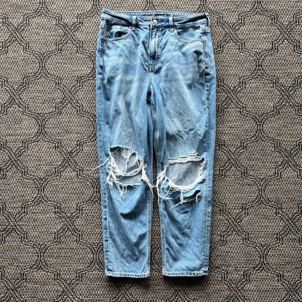 American Eagle Pants Womens 12 Blue Distressed Mom Jean High Rise Tapered Denim